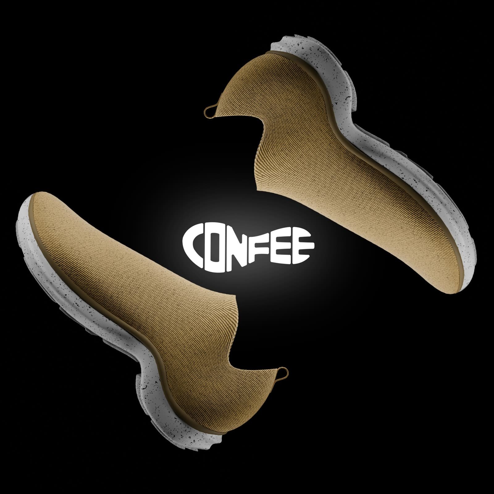 3D model render: Confee sneakers floating around the logo, side view