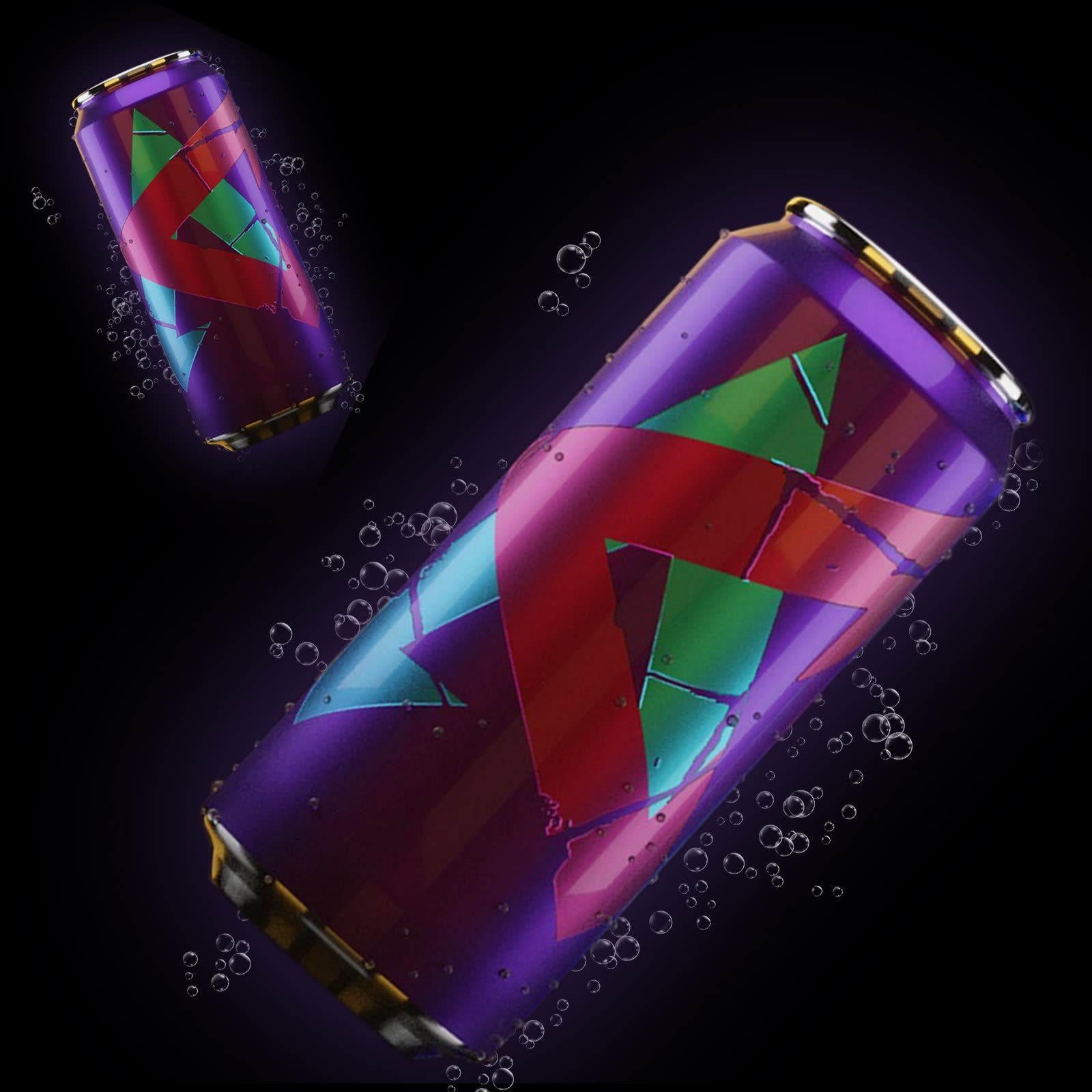 3D model render: Energy drink cans with a geometric label among bubbles