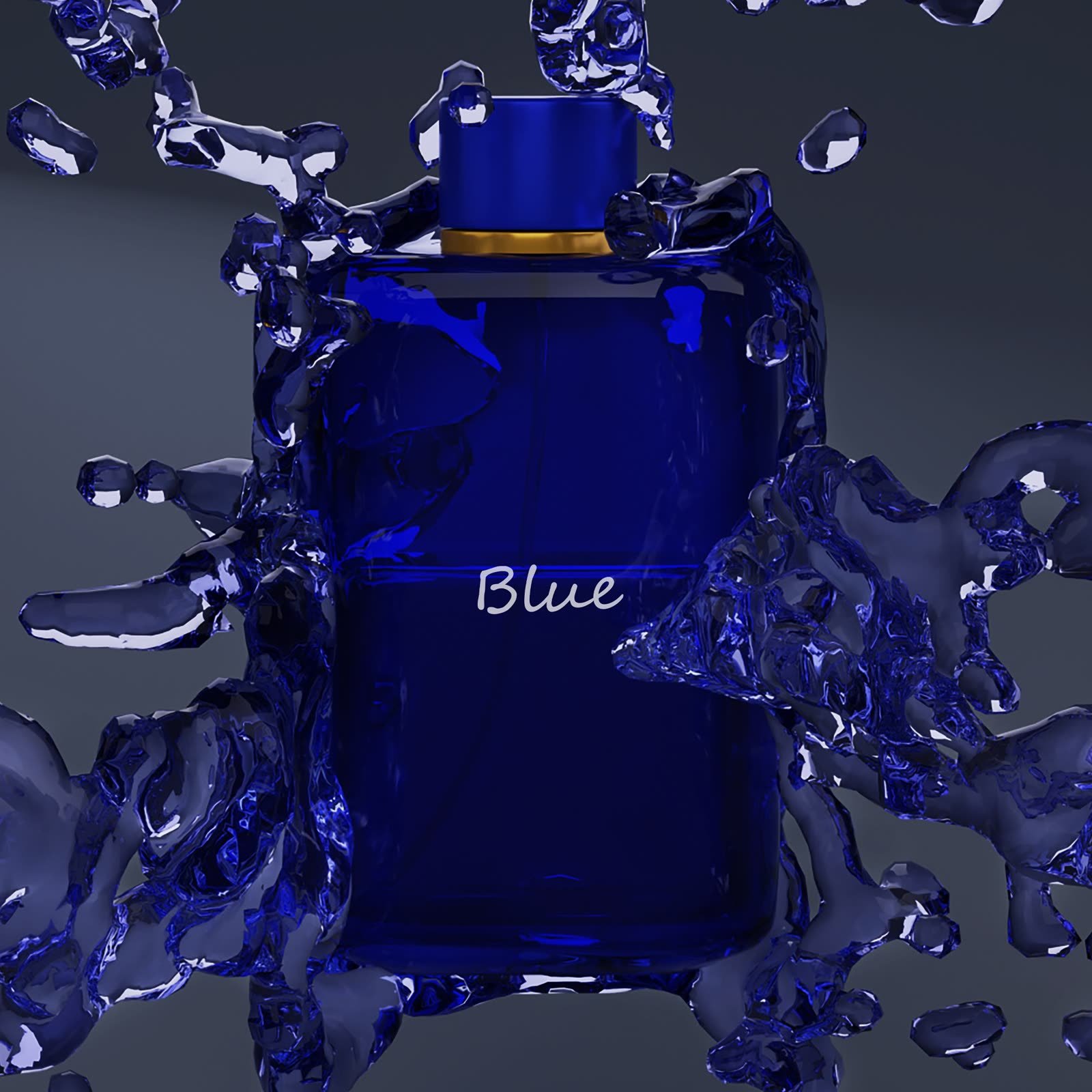 3D model render: Blue perfume bottle in a liquid splash