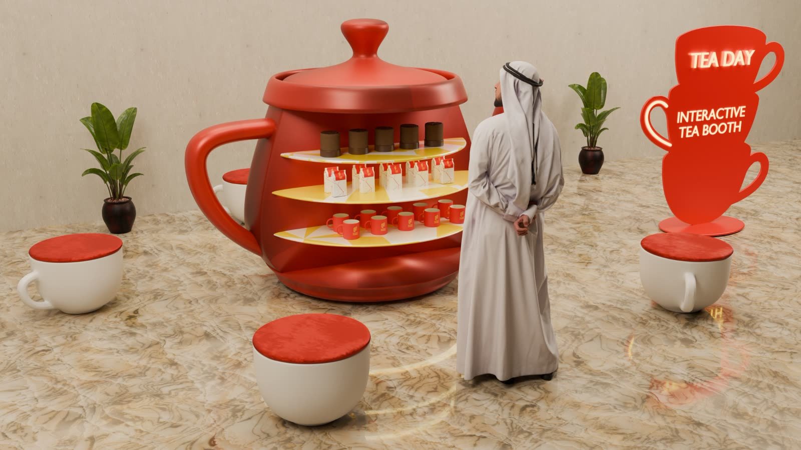 Al Qadsiah Tea Day: Interactive tea booth inside a giant teapot with cup seats