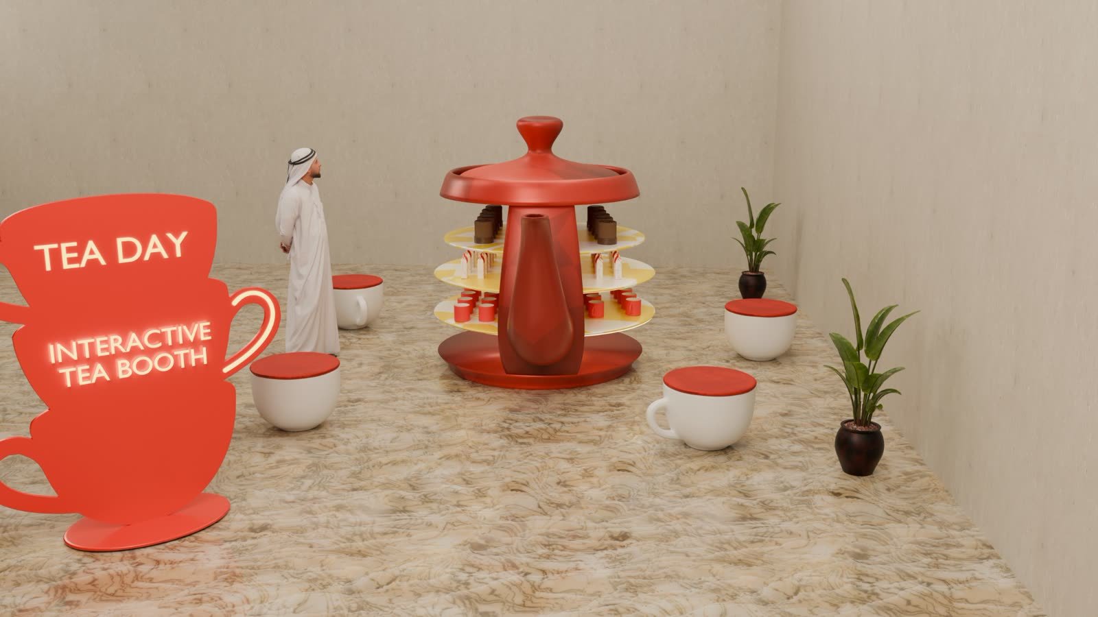 Al Qadsiah Tea Day: Giant teapot booth and cup seats, side view