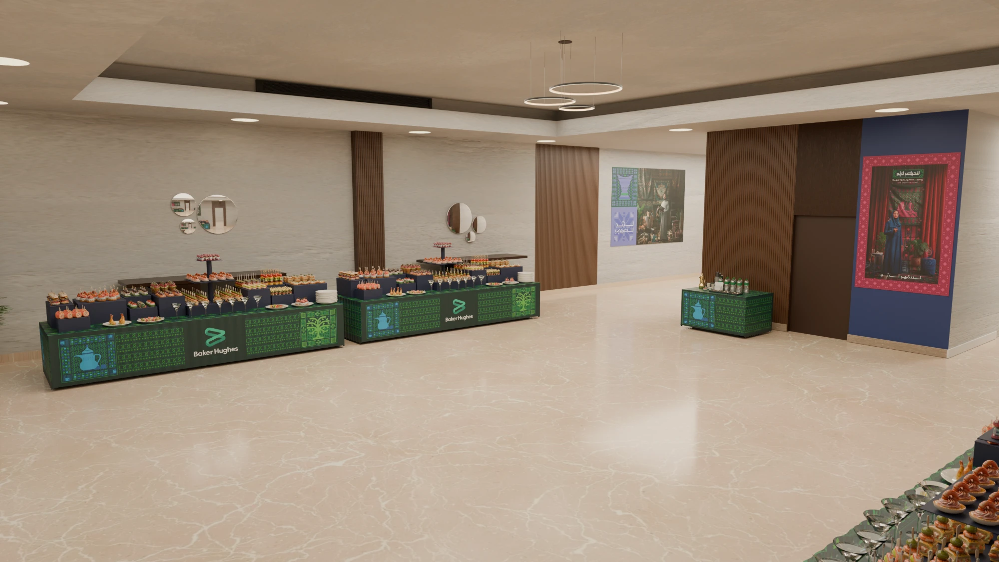 Baker Hughes National Day event: Buffet counters wrapped in campaign patterns