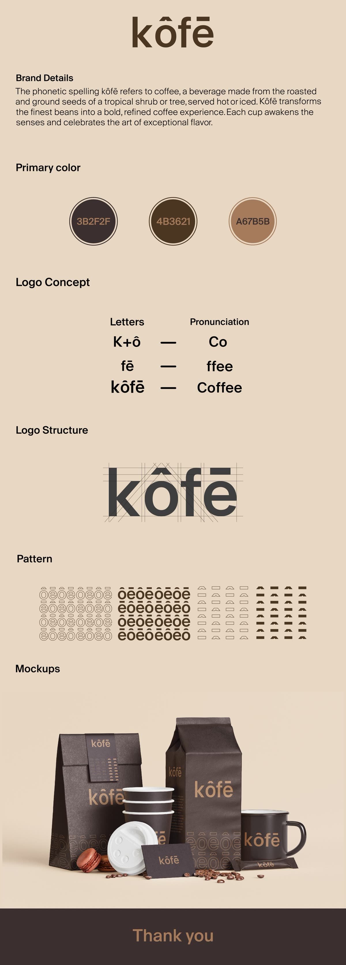 kôfē coffee brand identity: brand details, colours, logo concept and structure, pattern and mockups