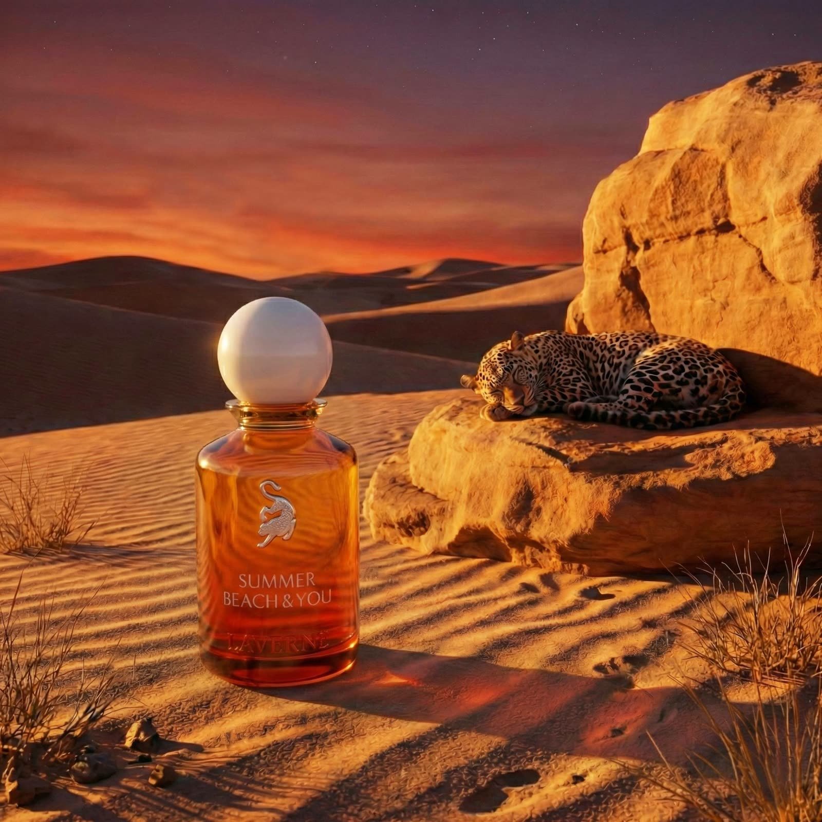 AI perfume design: Amber perfume bottle on desert sand at sunset with a leopard on a rock