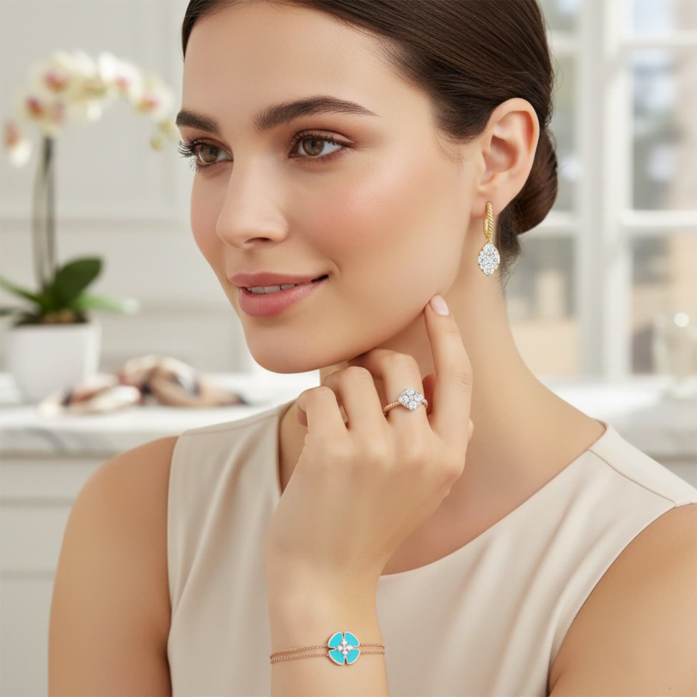 AI jewellery design: Model wearing diamond drop earrings, a cluster ring and a turquoise flower bracelet