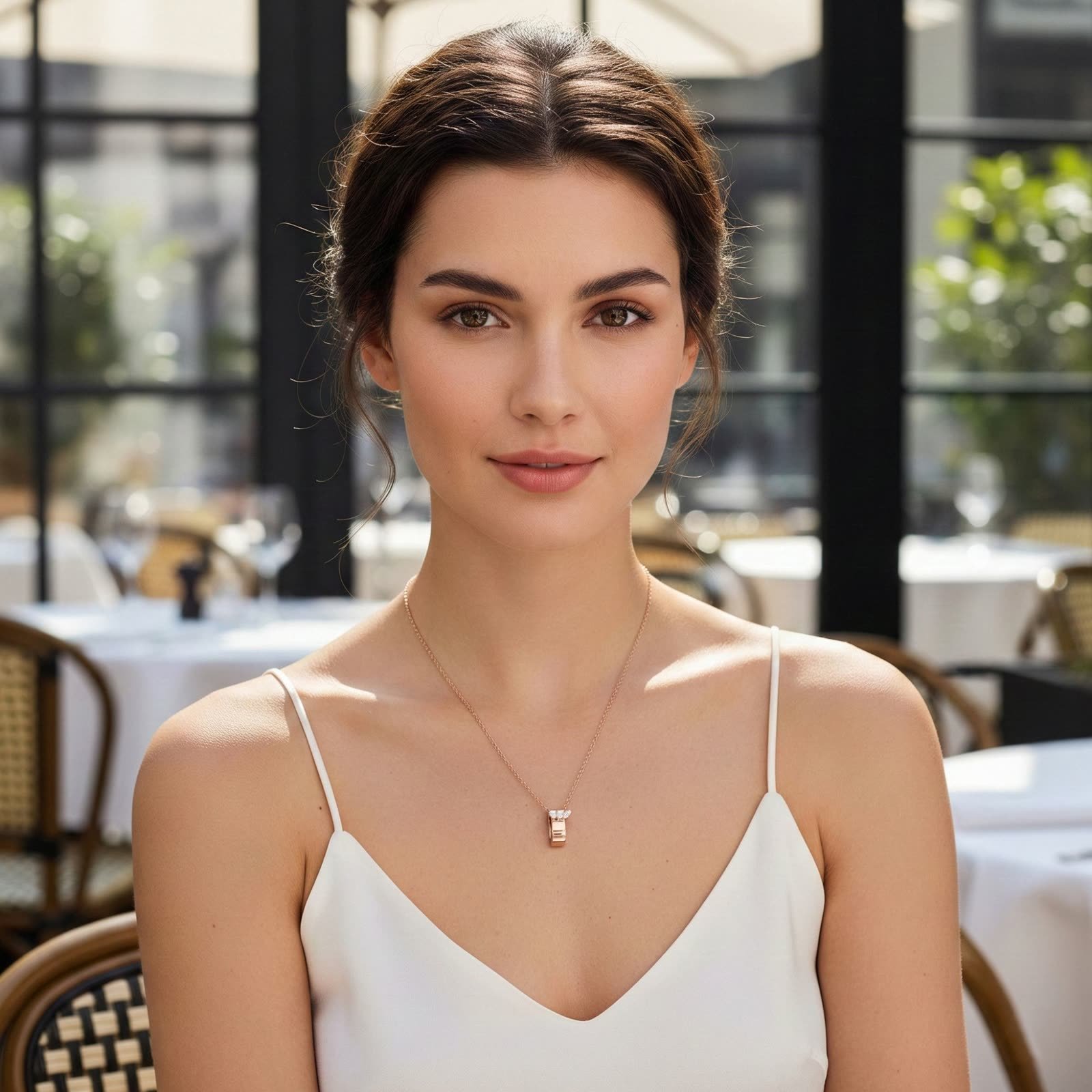AI jewellery design: Model wearing a rose gold pendant with marquise diamonds