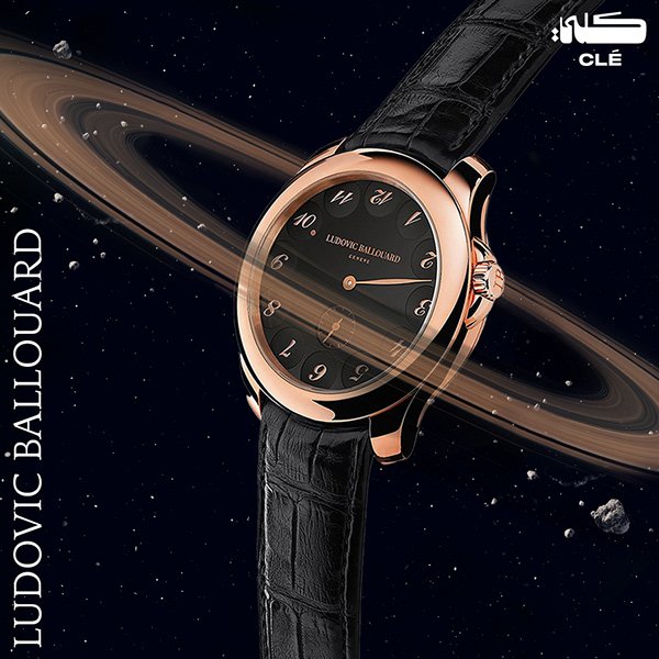 Luxury watch design: Rose gold watch circled by a planet ring in space