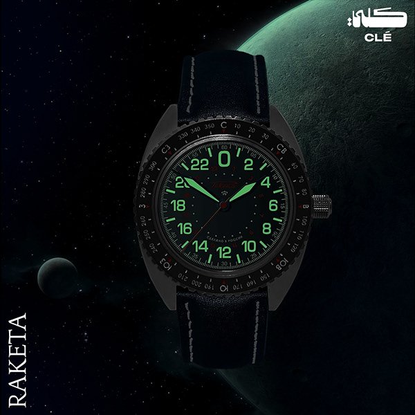 Luxury watch design: Glow-in-the-dark 24-hour watch in front of a planet