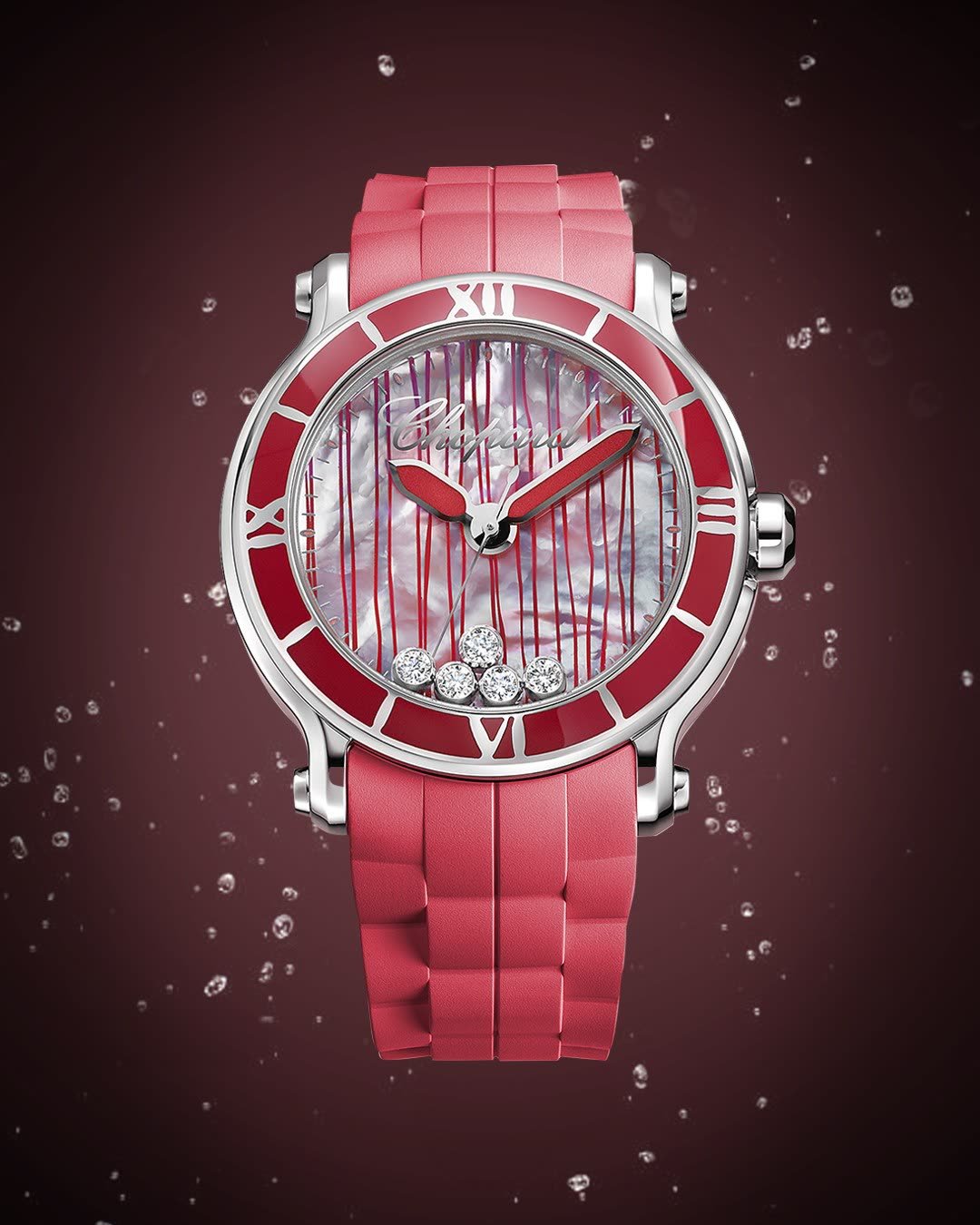 Luxury watch design: Pink diamond watch with floating bubbles on burgundy