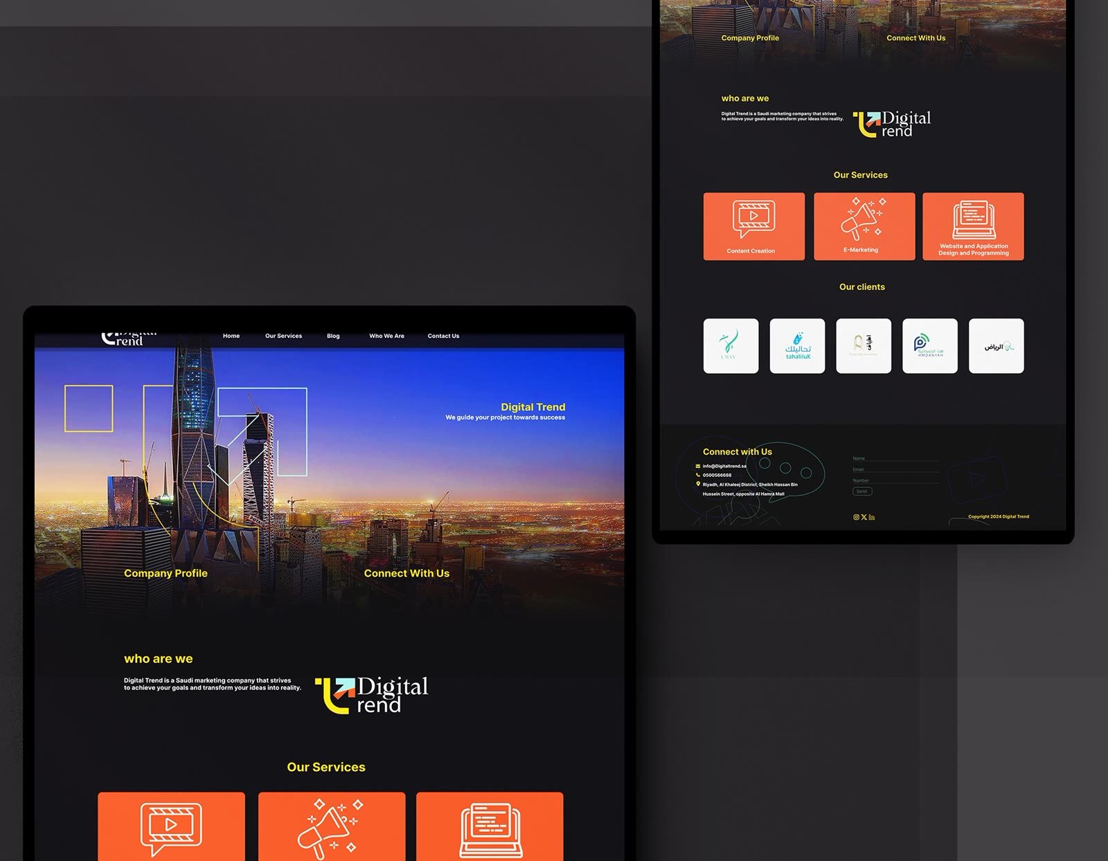 Web design: Digital Trend marketing agency website: home page and services, desktop views