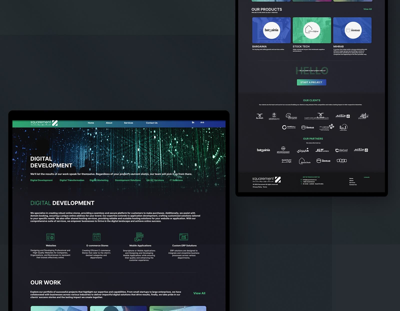 Web design: Squarement digital development website: services, products and clients, desktop views