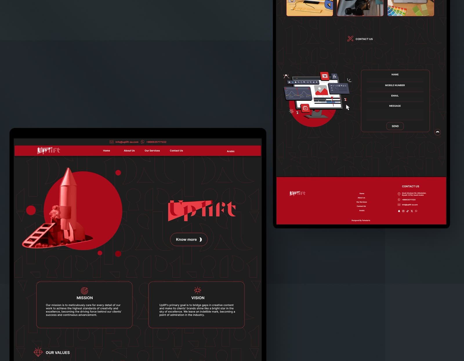 Web design: Uplift creative agency website: home page, mission, vision and contact form, desktop views