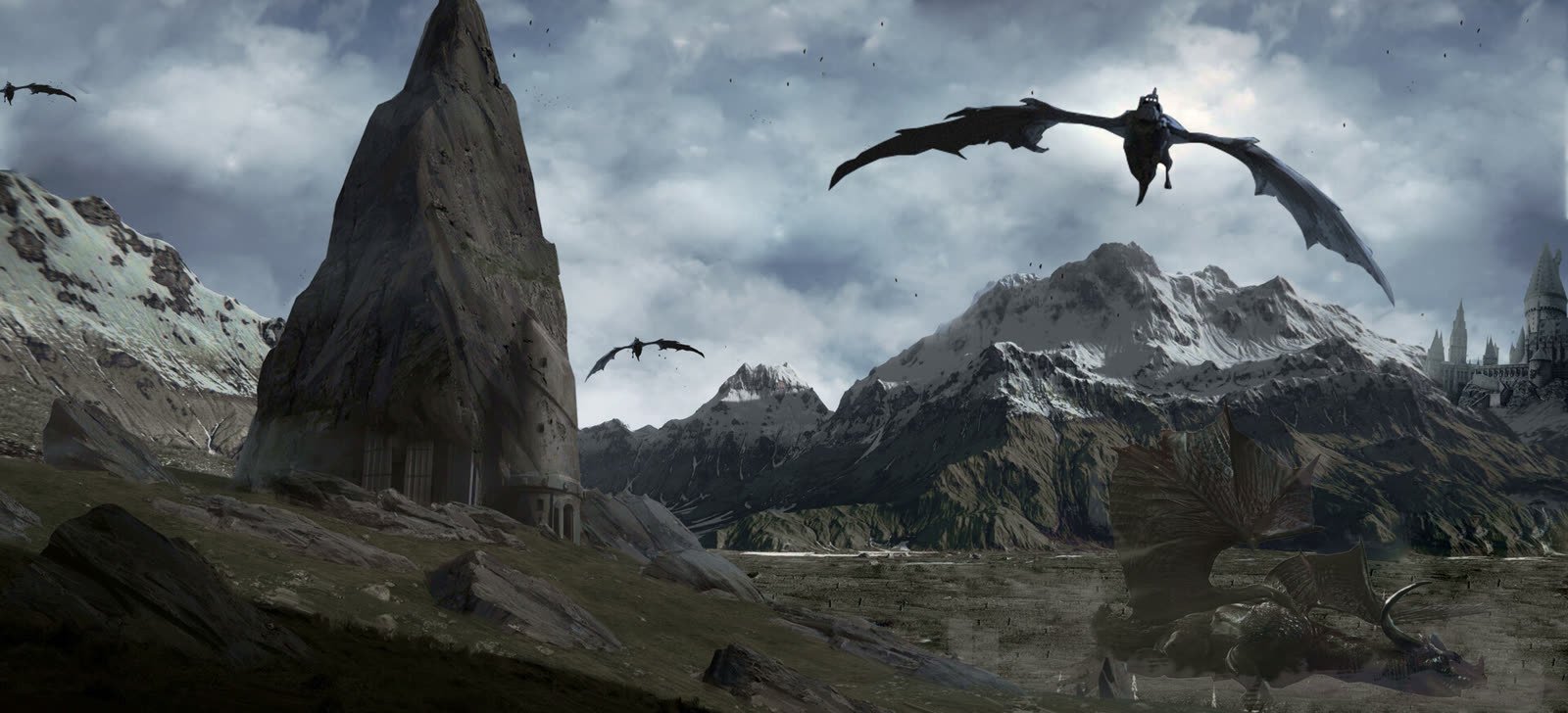 Concept art: Dragons flying over snowy mountains and a rock tower