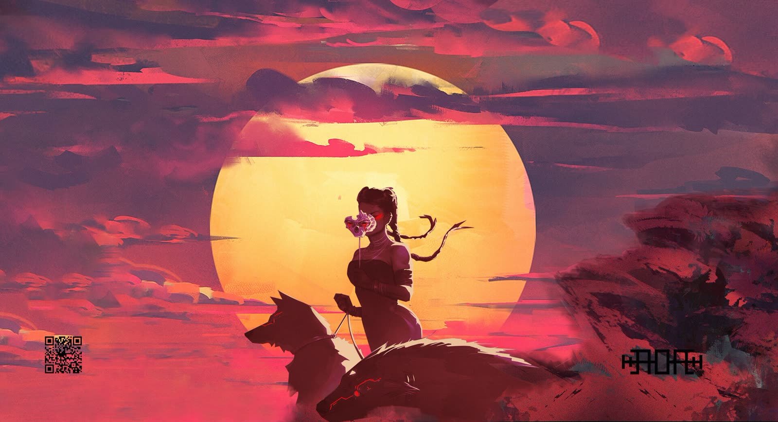Concept art: Masked woman riding a wolf in front of a huge setting sun