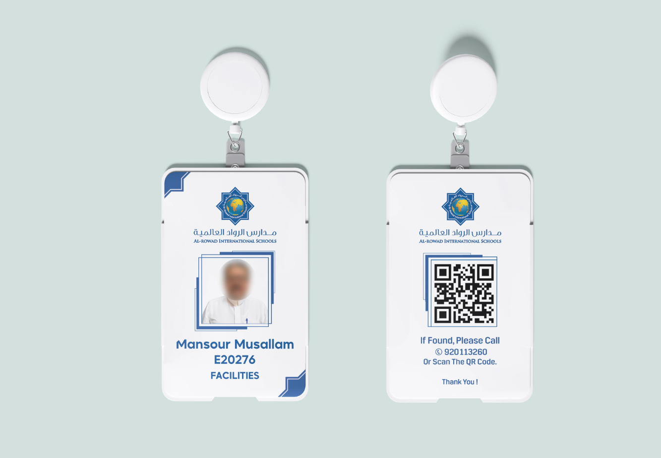 ID card design: Al-Rowad International Schools staff ID card on a white badge reel, front and back