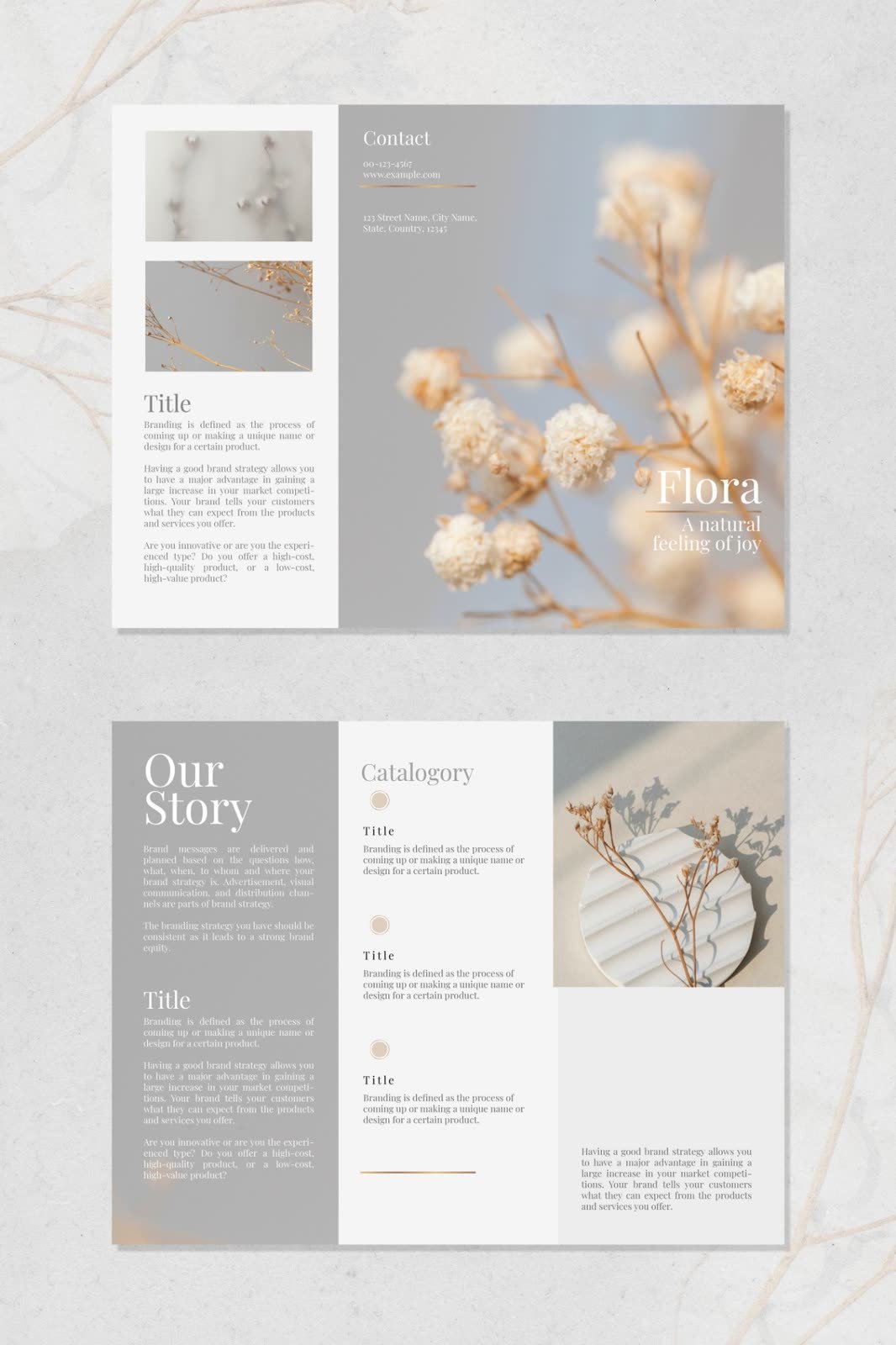 Brochure design: Flora trifold brochure, outside and inside, with dried flower photography