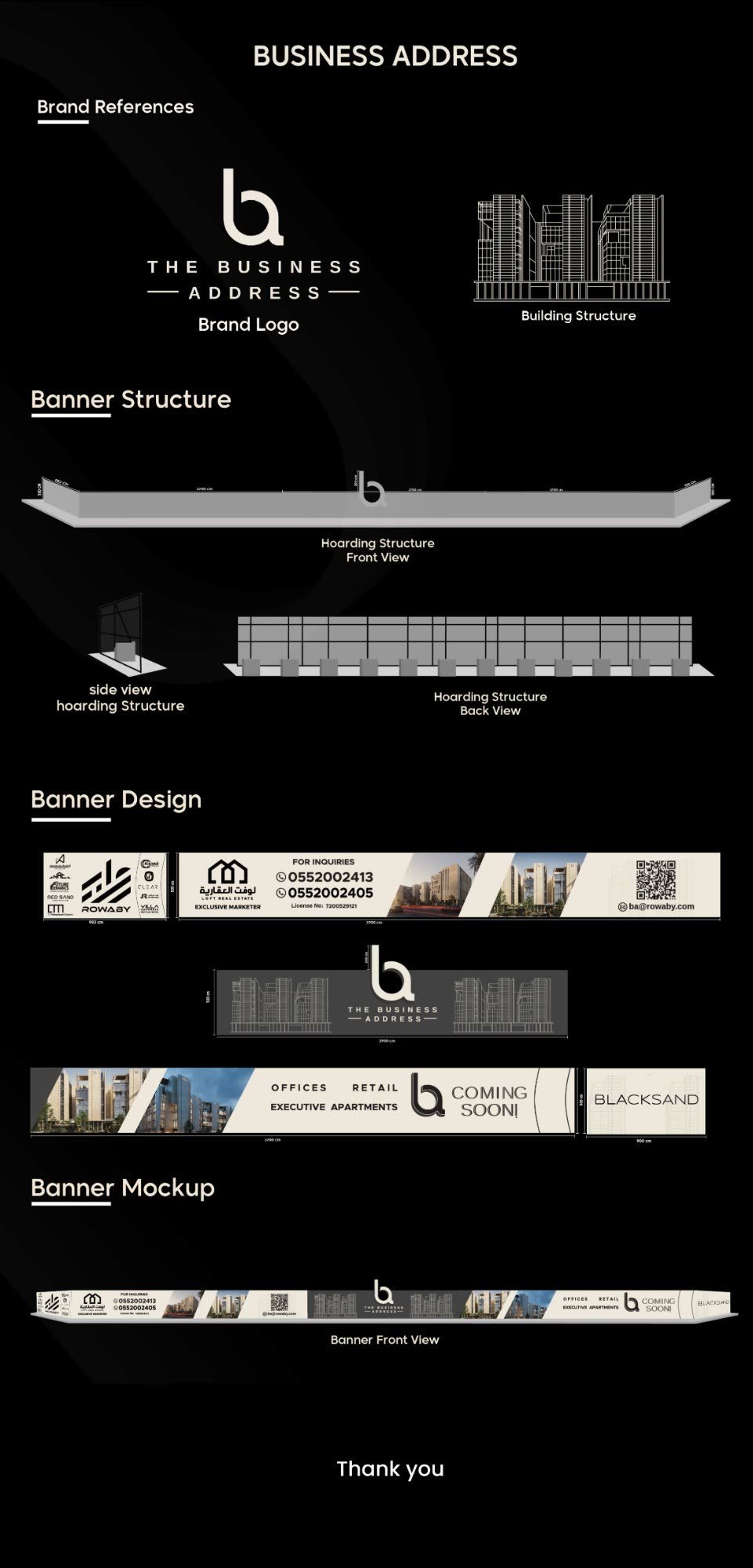 The Business Address hoarding: brand references, banner structure, banner design and mockup