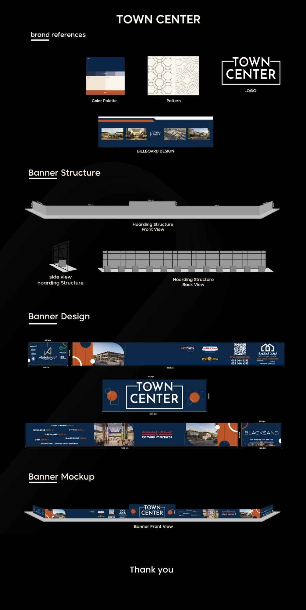 Town Center hoarding: brand references, banner structure, banner design and mockup