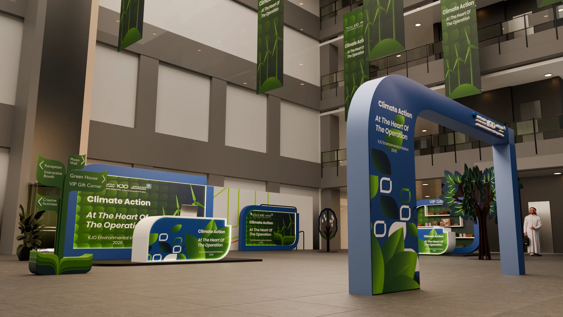 KJO Environment Day: Entrance arch, reception desk and hanging banners in the atrium