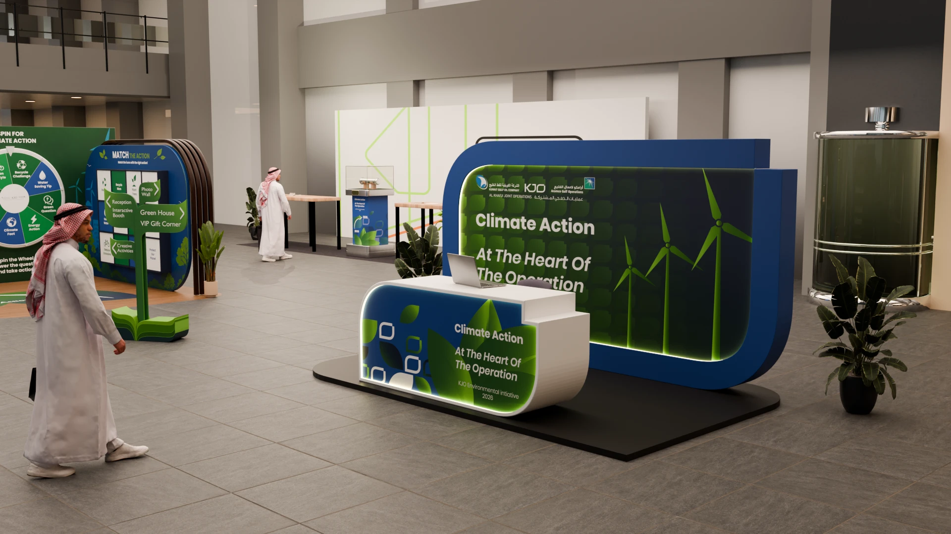 KJO Environment Day: Reception desk with wind-turbine backdrop
