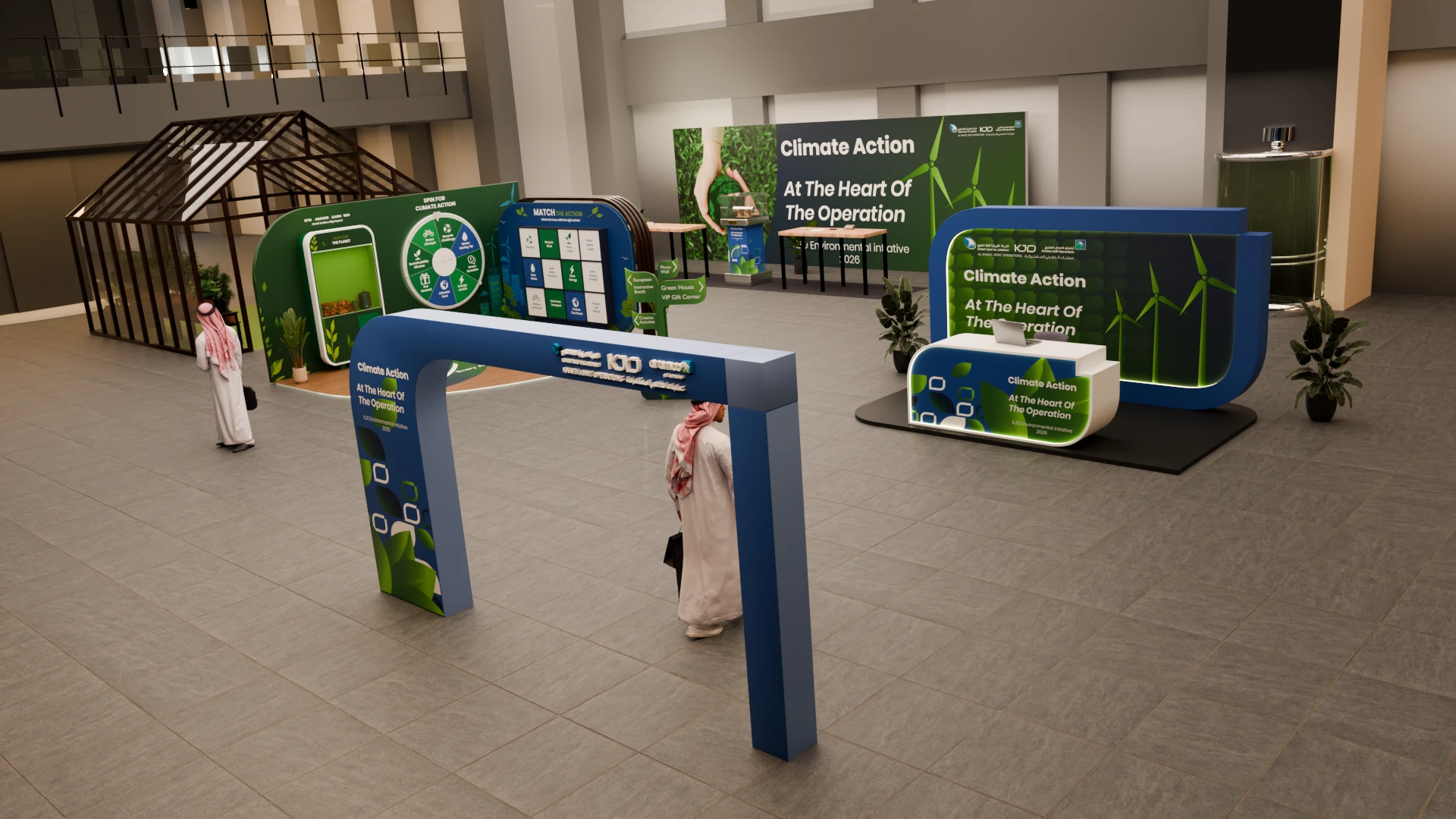 KJO Environment Day: Entrance arch with reception and interactive booths behind