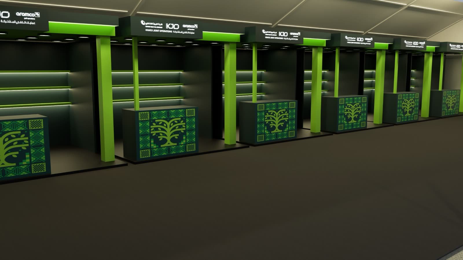 KJO National Day event: Exhibition booths with KJO and Aramco signage and tree-pattern counters