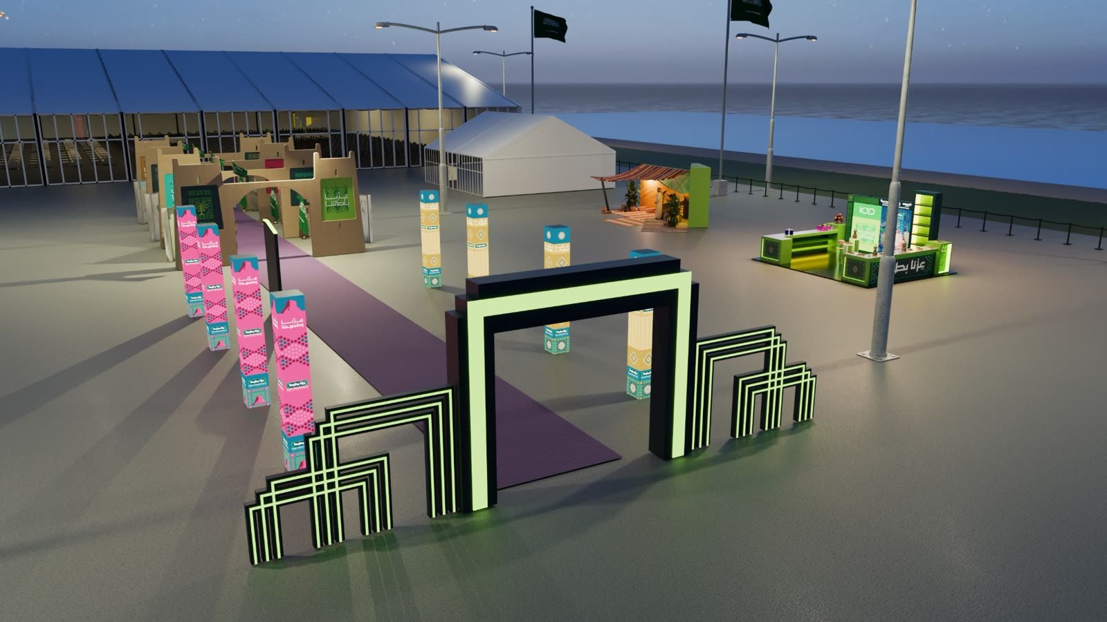 KJO National Day event: Entrance arch, patterned totems and the event plaza from above