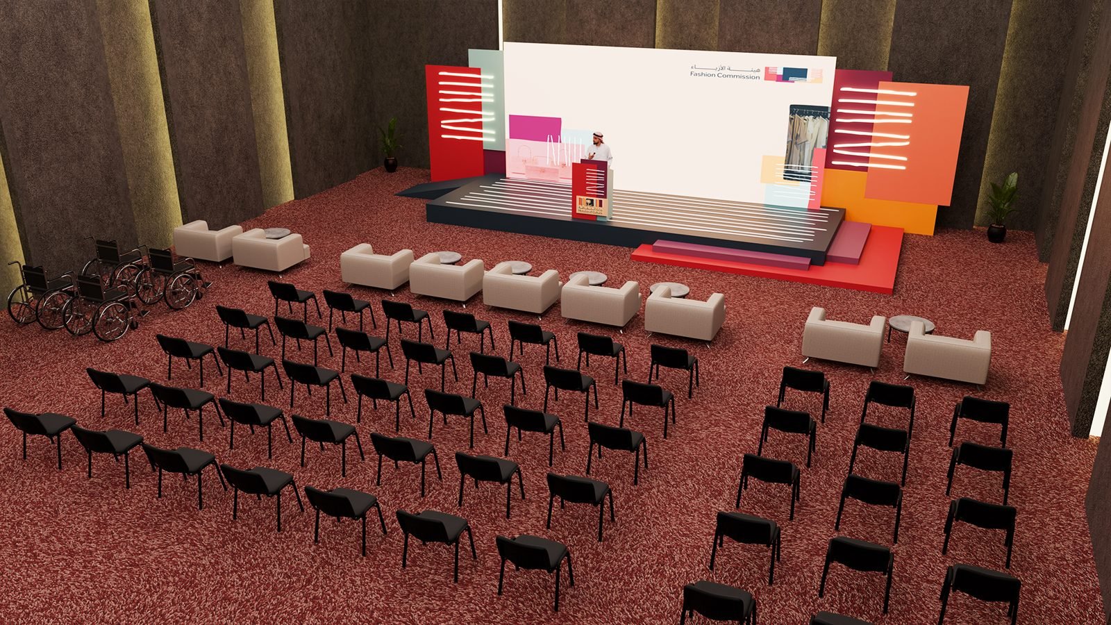 MOC Fashion event: Full hall from above: stage, lounge seating and audience rows